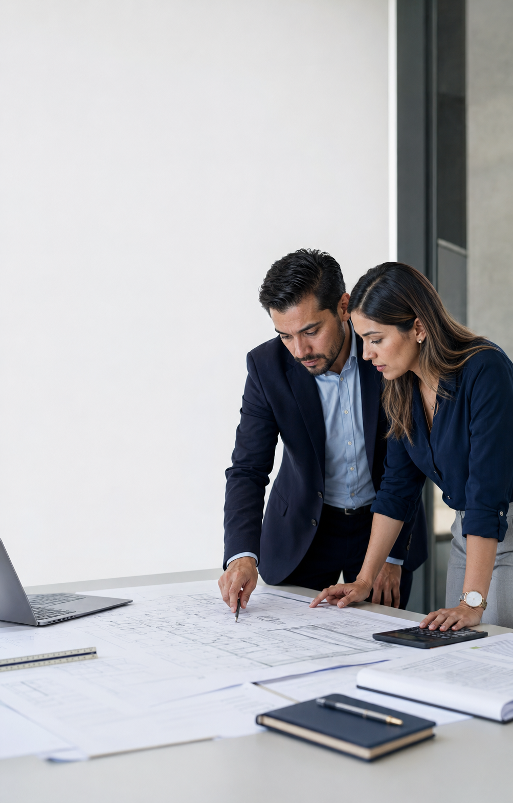 Profesionales revisando planos y costos de obra